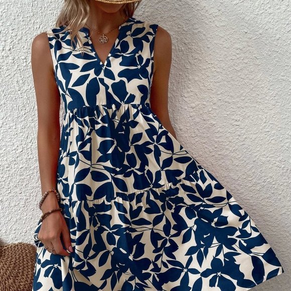 White & Blue Preppy Womens Allover Plant Print Notch Neck Ruffle Hem Dress - Picture 5 of 5